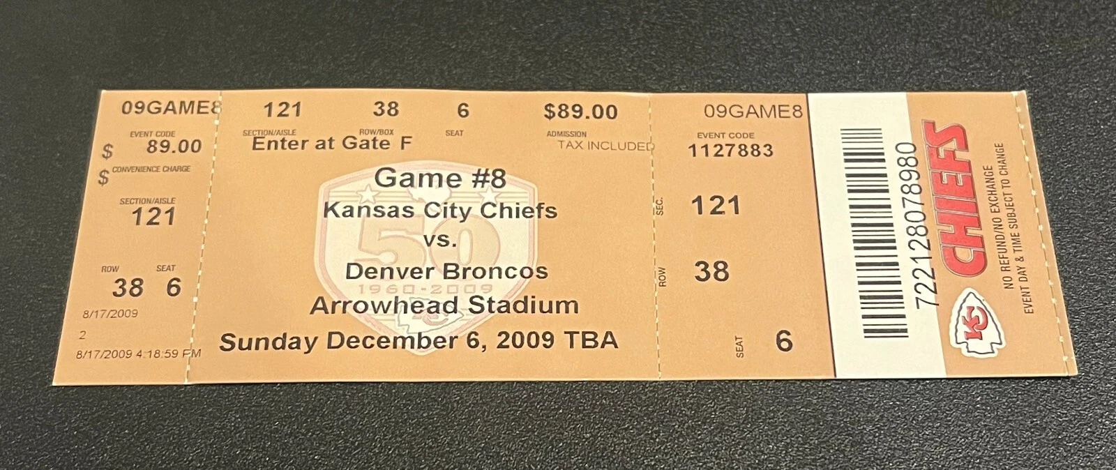 FOOTBALL TICKET STUB ARROWHEAD KANSAS CITY CHIEFS 2009 DENVER BRONCOS 12/6