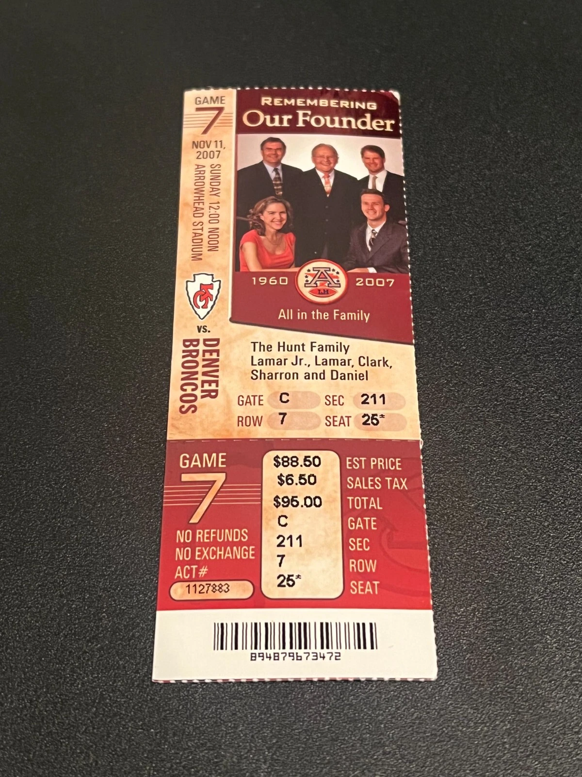 FOOTBALL TICKET STUB ARROWHEAD KANSAS CITY CHIEFS 2007 DENVER BRONCOS 11/11