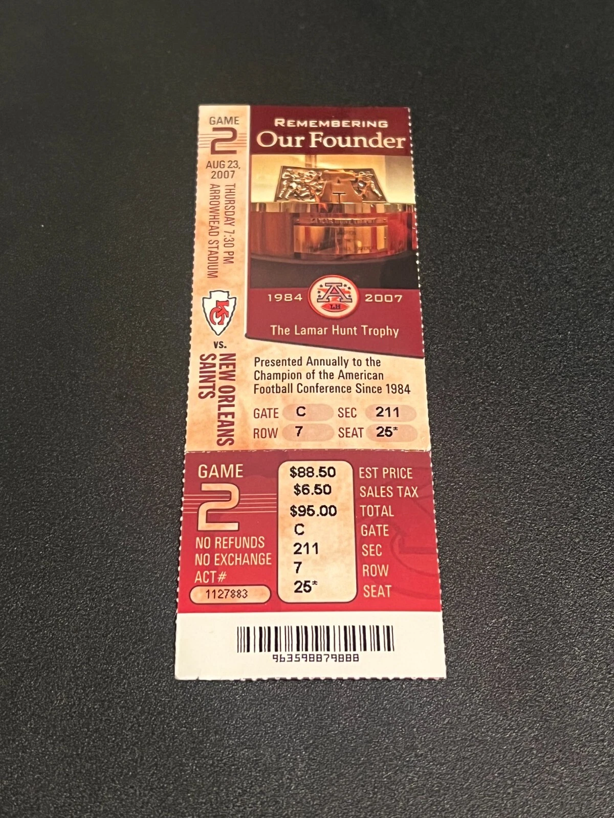 FOOTBALL TICKET STUB ARROWHEAD KANSAS CITY CHIEFS 2007 NEW ORLEANS SAINTS 8/23