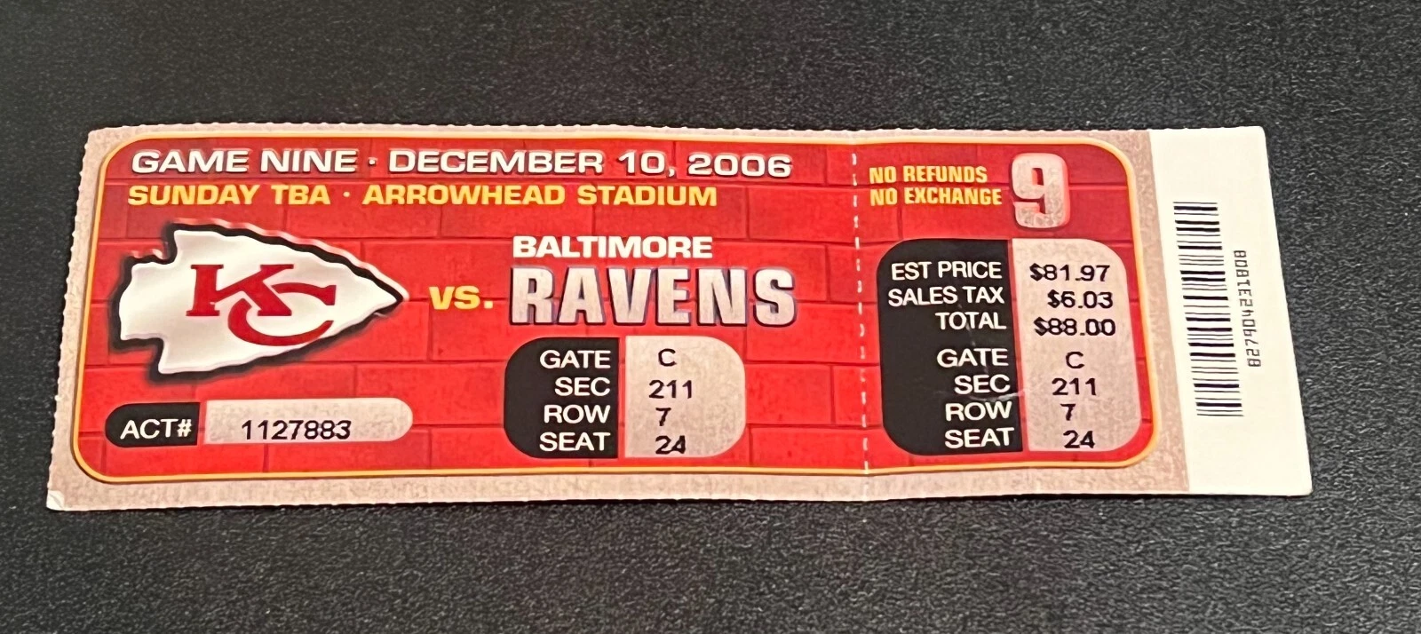 FOOTBALL TICKET STUB ARROWHEAD KANSAS CITY CHIEFS BALTIMORE RAVENS 12/10 2006