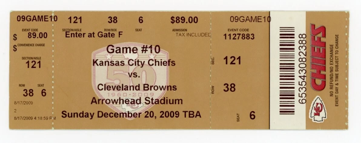 FOOTBALL TICKET STUB ARROWHEAD KANSAS CITY CHIEFS CLEVELAND BROWNS 12/20 2009