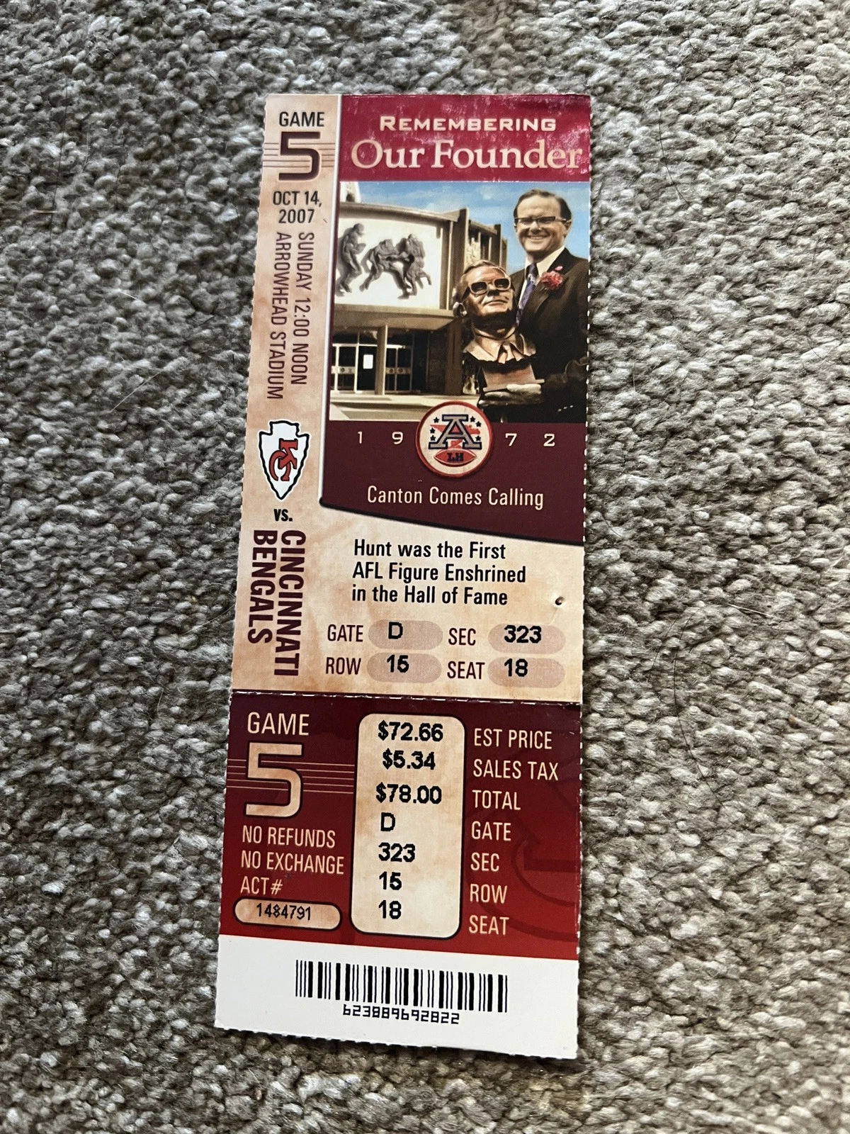 FOOTBALL TICKET STUB ARROWHEAD KANSAS CITY CHIEFS 2007 CINCINNATI BENGALS 10/14