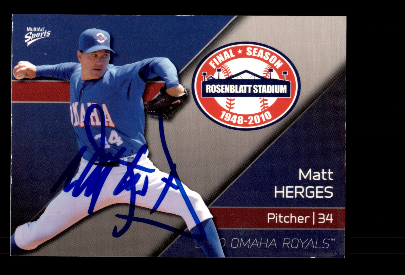 Signed Baseball Card Auto Matt Herges 2010 MultiAd Omaha Royals #10 Omaha Royals