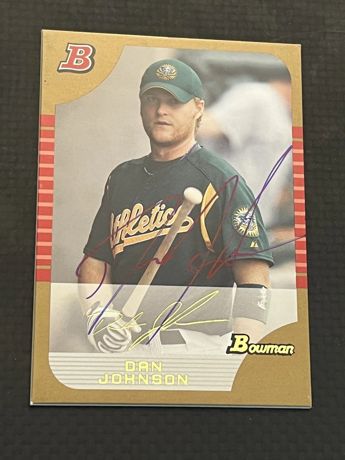 Signed Baseball Card Auto Dan Johnson 2005 Bowman #BDP6 A's Gold