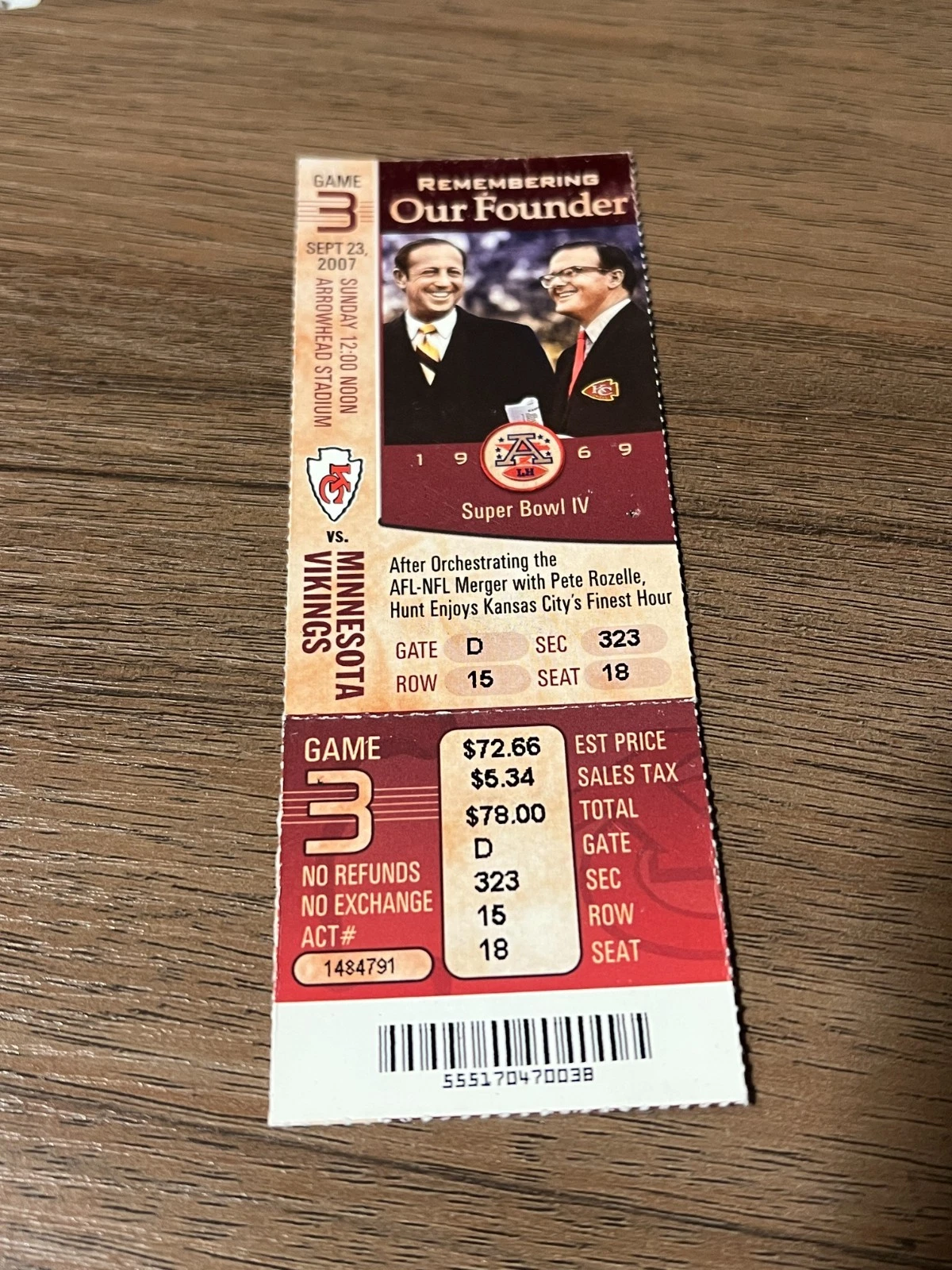 FOOTBALL TICKET STUB ARROWHEAD 2007 KANSAS CITY CHIEFS MINNESOTA VIKINGS 9/23