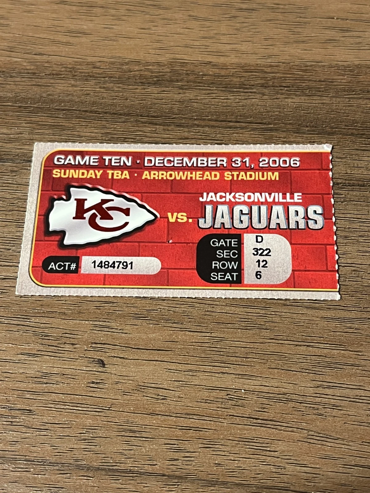 FOOTBALL TICKET STUB KANSAS CITY CHIEFS JACKSONVILLE JAGUARS 12/31 2006