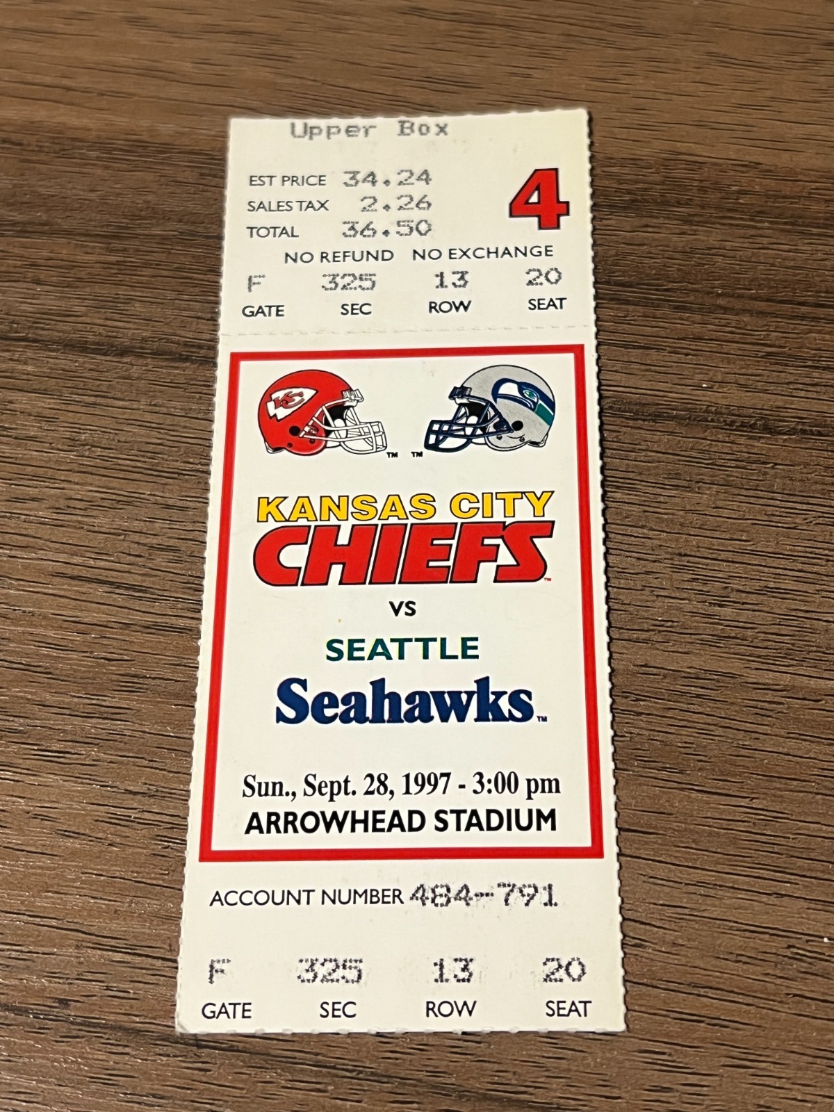 FOOTBALL TICKET STUB ARROWHEAD KANSAS CITY CHIEFS SEATTLE SEAHAWKS 9/28 1997