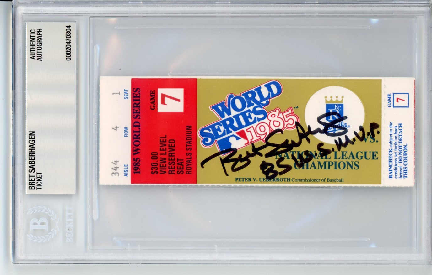 1985 WORLD SERIES KC ROYALS SIGNED GAME 7 TICKET MVP BRET SABERHAGEN BECKETT