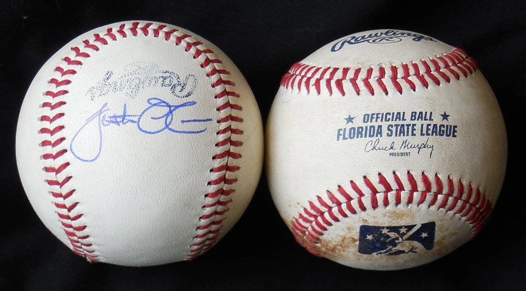 JUSTIN O'CONNER AUTOGRAPHED GAME USED FSL BASEBALL (RAYS) W/ PROOF!