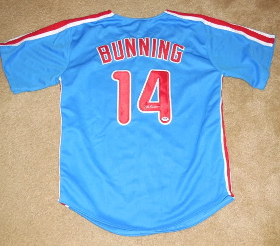 JIM BUNNING AUTOGRAPHED CUSTOM JERSEY (PHILLIES) W/ PROOF! - PSA COA!