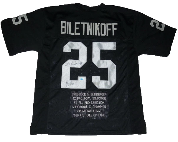 FRED BILETNIKOFF AUTOGRAPHED CUSTOM STAT JERSEY (RAIDERS) W/ PROOF! - GTSM COA!