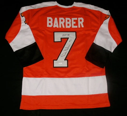 BILL BARBER AUTOGRAPHED CUSTOM JERSEY (FLYERS HOF) W/ PROOF + JSA COA!