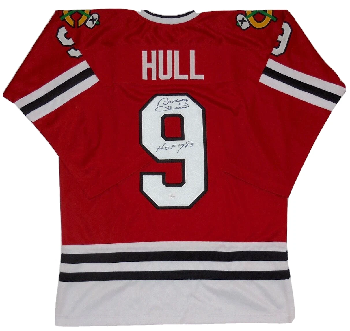 BOBBY HULL AUTOGRAPHED CUSTOM JERSEY (BLACKHAWKS) W/ PROOF - JSA COA!