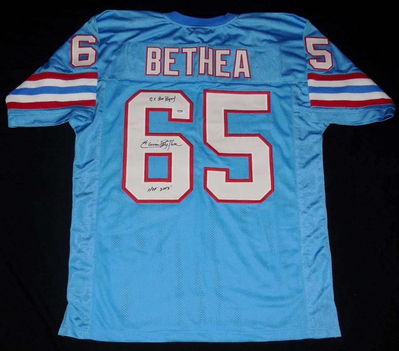 ELVIN BETHEA AUTOGRAPHED CUSTOM JERSEY (OILERS) W/ PROOF! - PSA DNA!