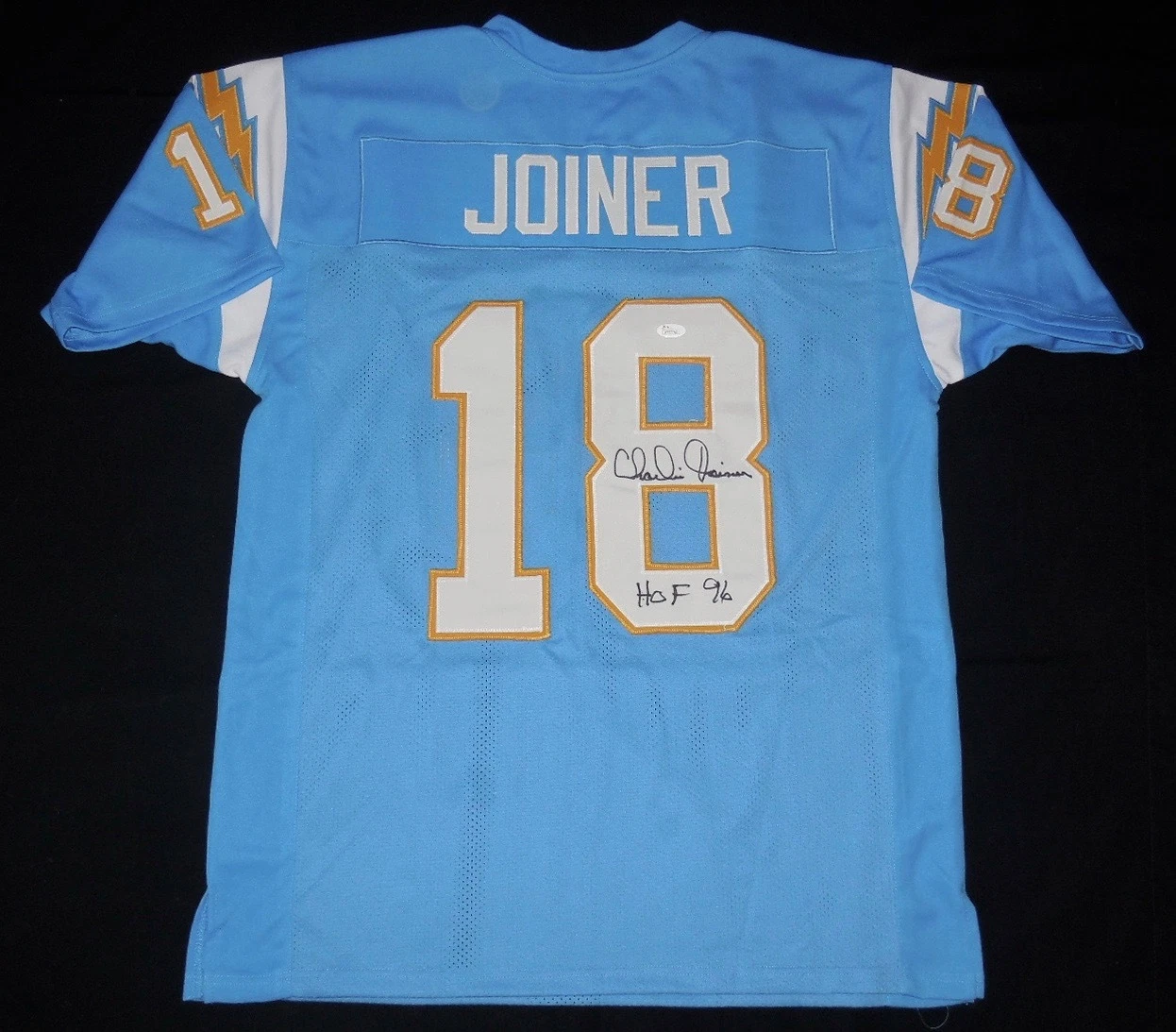 CHARLIE JOINER AUTOGRAPHED CUSTOM JERSEY (CHARGERS) W/ PROOF! - JSA COA!