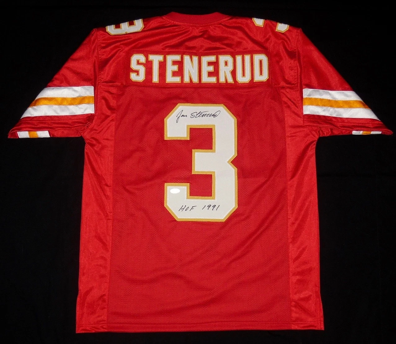 JAN STENERUD AUTOGRAPHED CUSTOM JERSEY (KANSAS CITY CHIEFS) - JSA COA!