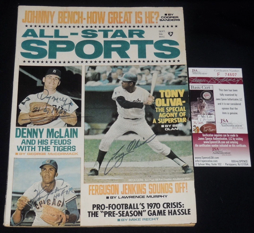 TONY OLIVA, FERGIE JENKINS, DENNY MCLAIN AUTOGRAPHED 1970 MAGAZINE - JSA COA!