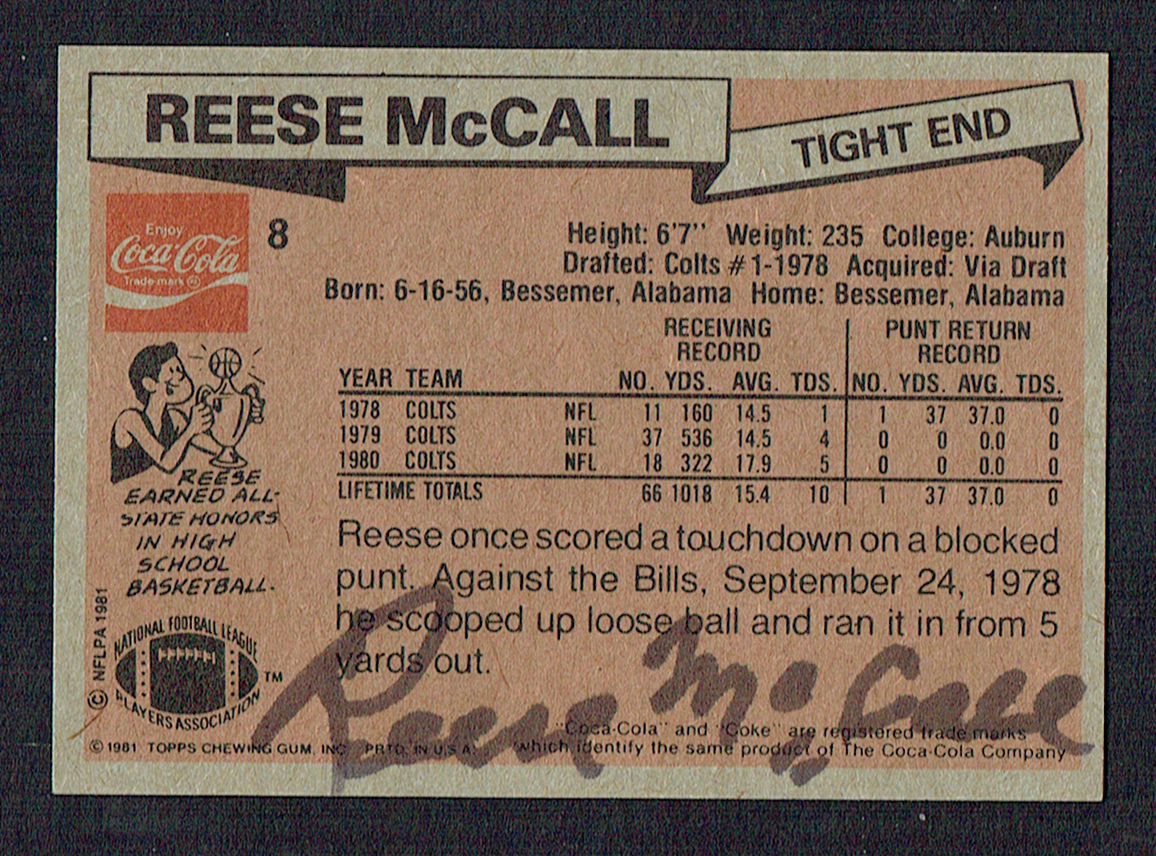 Reese McCall #8 signed autograph auto 1981 Toops Coca-Cola Football Card