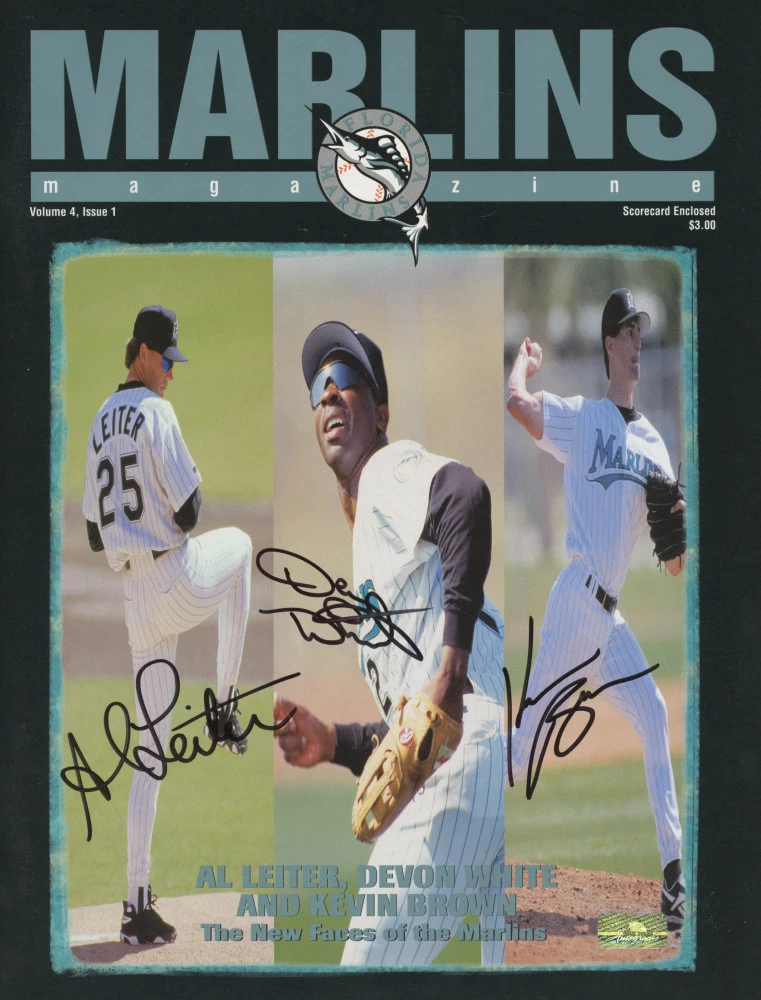 AL LEITER, DEVON WHITE, KEVIN BROWN AUTOGRAPHED MAGAZINE (FLORIDA MARLINS)