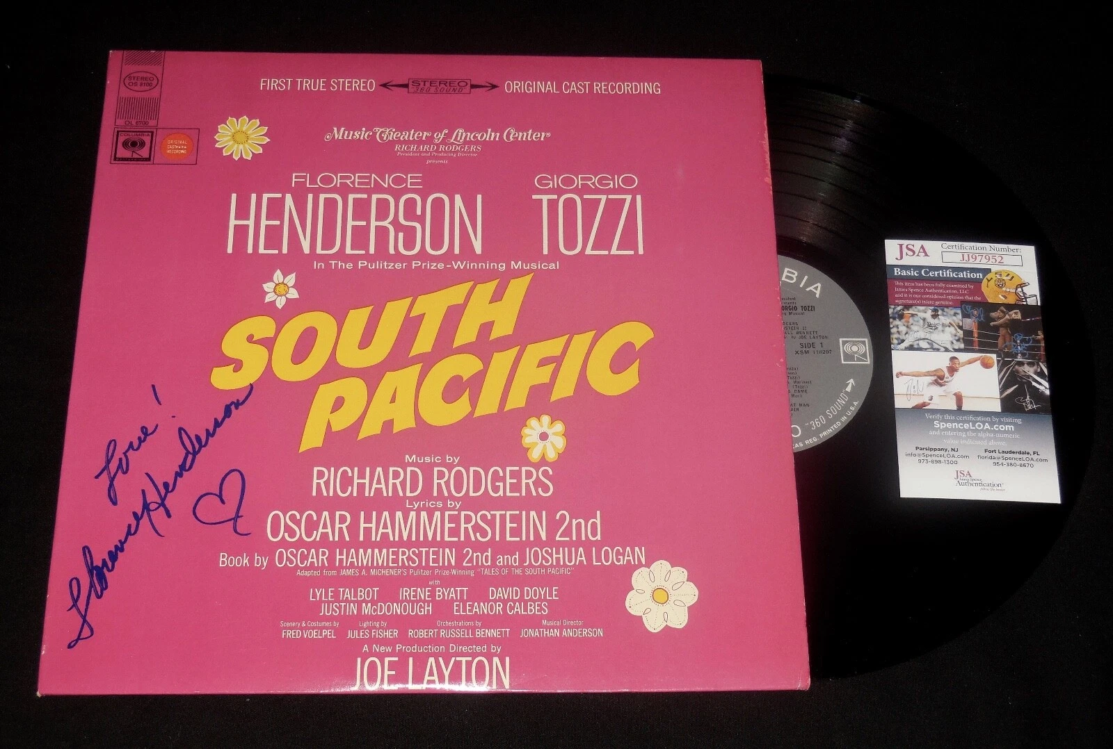 FLORENCE HENDERSON AUTOGRAPHED RECORD ALBUM (SOUTH PACIFIC) - JSA COA!