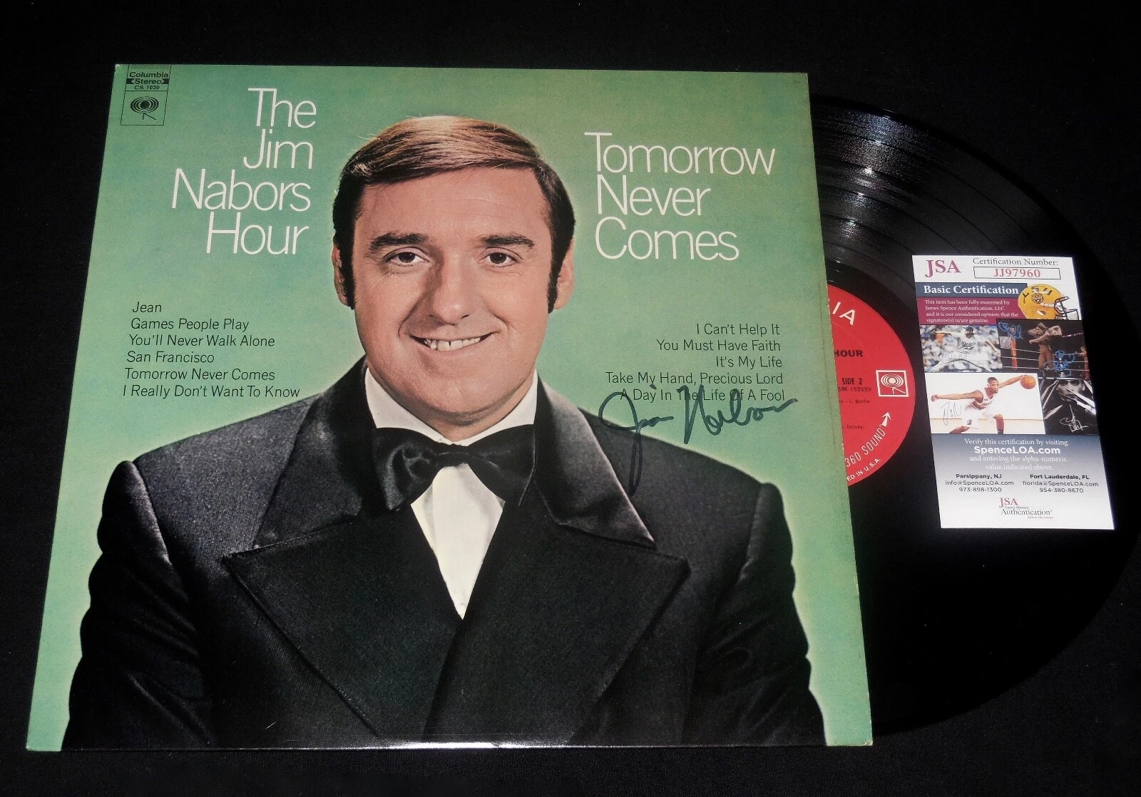 JIM NABORS AUTOGRAPHED RECORD ALBUM (TOMORROW NEVER COMES) - JSA COA!