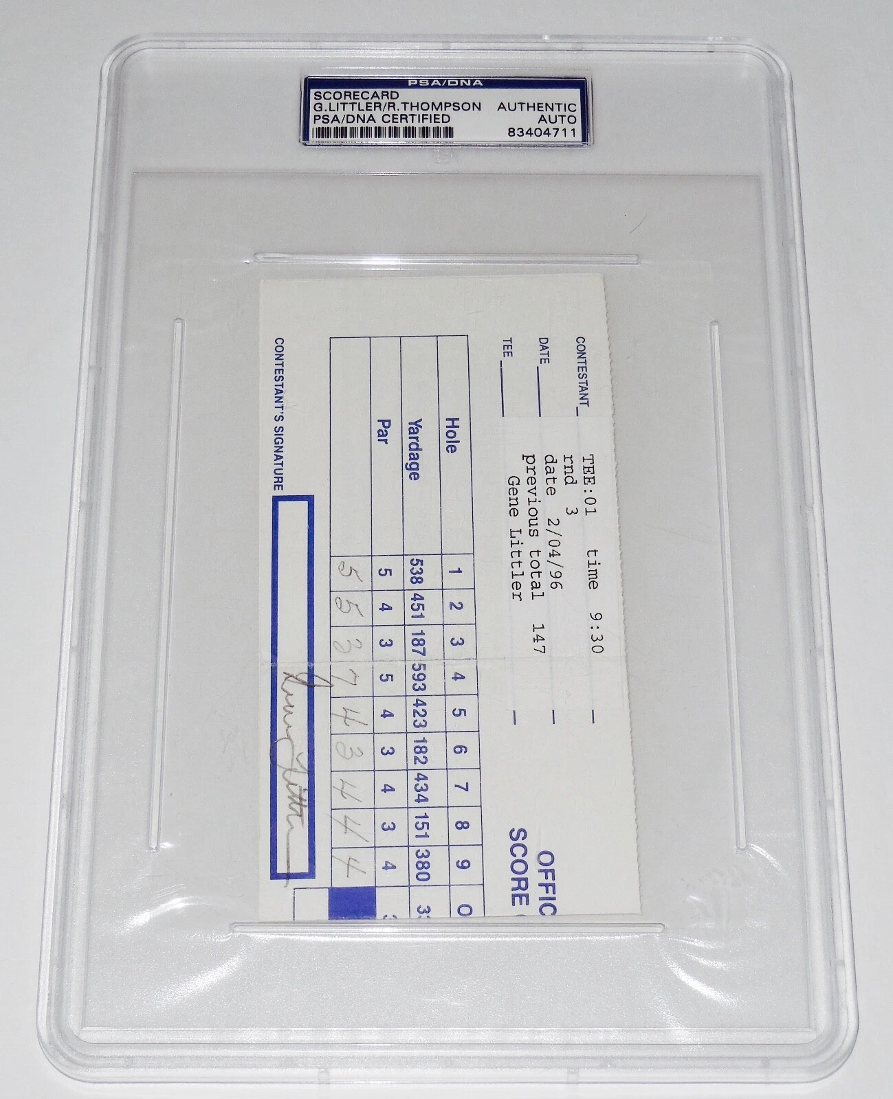GENE LITTLER / ROCKY THOMPSON AUTOGRAPHED 1996 GOLF SCORECARD (PGA) - PSA DNA!