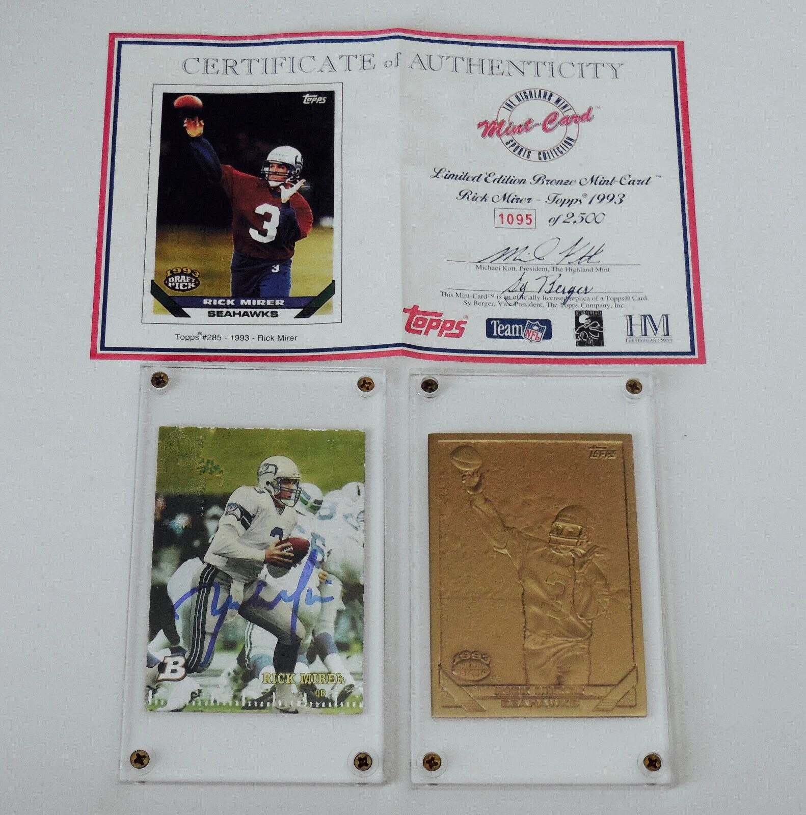 RICK MIRER AUTOGRAPHED CARD & SOLID BRONZE HIGHLAND MINT ROOKIE CARD LOT!