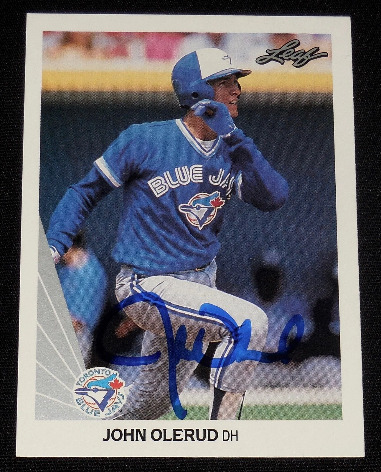 JOHN OLERUD AUTOGRAPHED 1990 LEAF ROOKIE BASEBALL CARD (TORONTO BLUE JAYS)