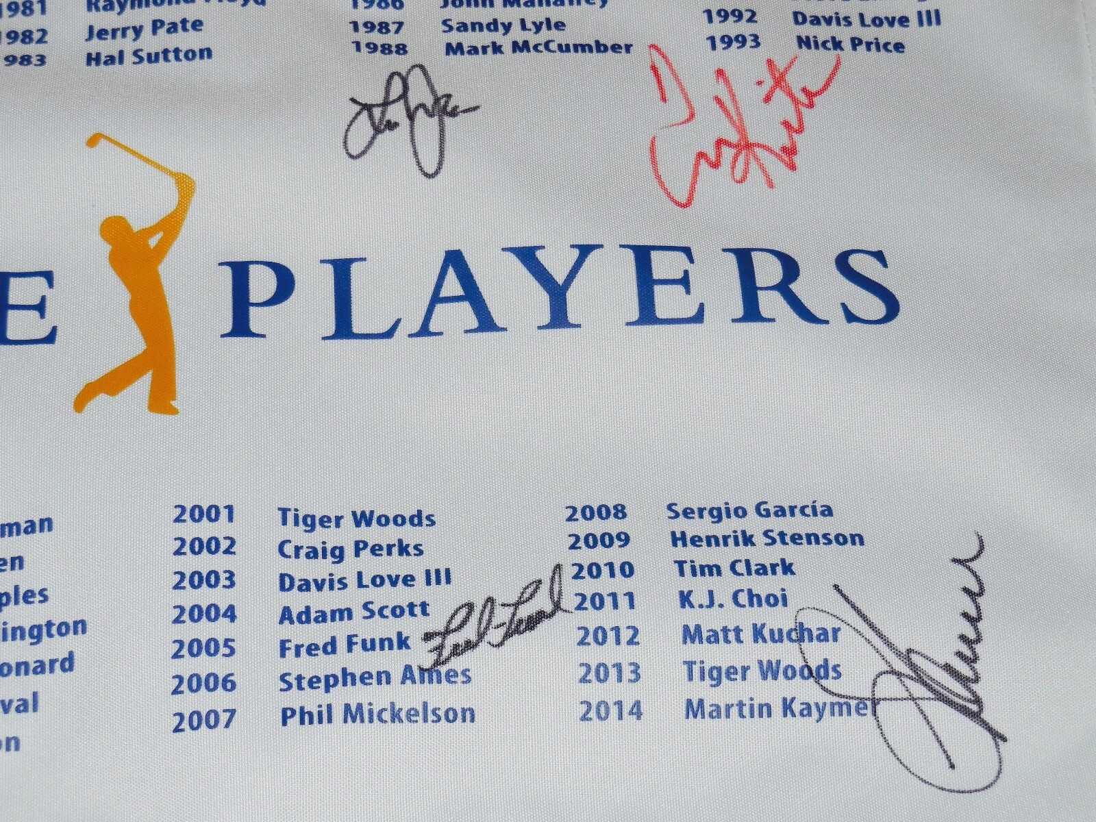 PLAYERS CHAMPIONSHIP AUTOGRAPHED GOLF FLAG (4 WINNERS) - Kite, Janzen, Funk, Ame