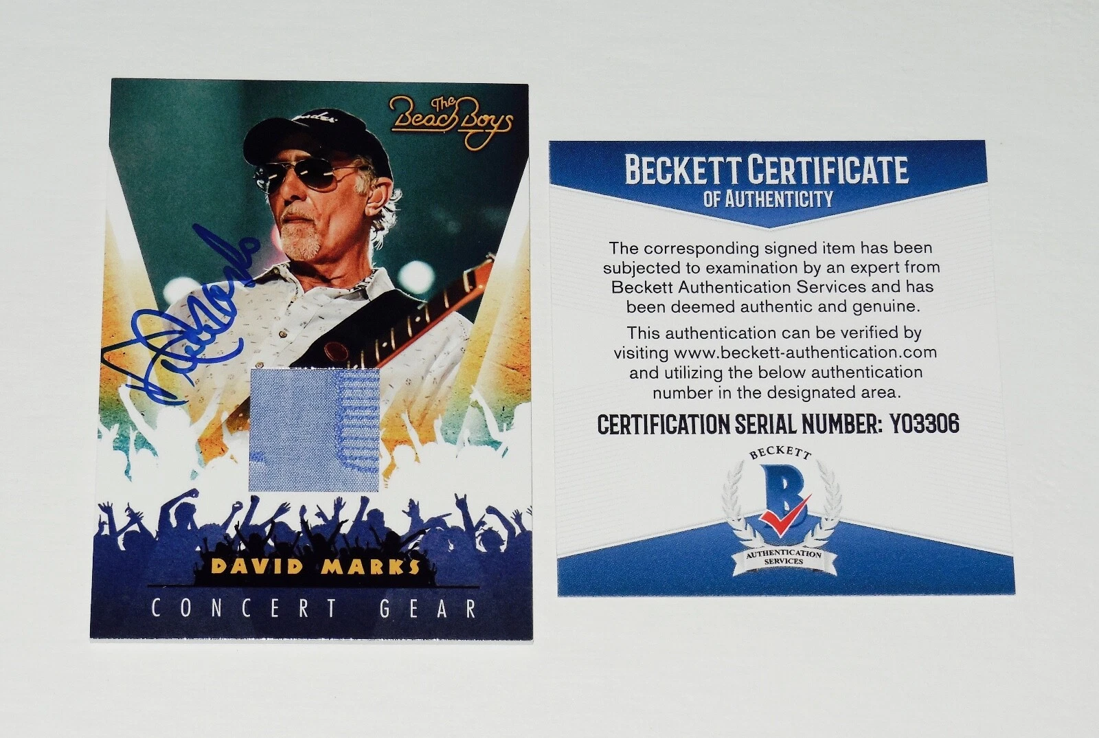 DAVID MARKS AUTOGRAPHED CONCERT USED SHIRT CARD (THE BEACH BOYS) - BECKETT COA!