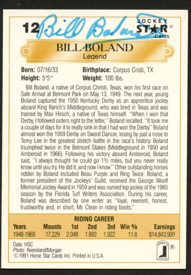 Bill Boland #12 signed autograph auto 1991 Horse Jockey Star Trading Card