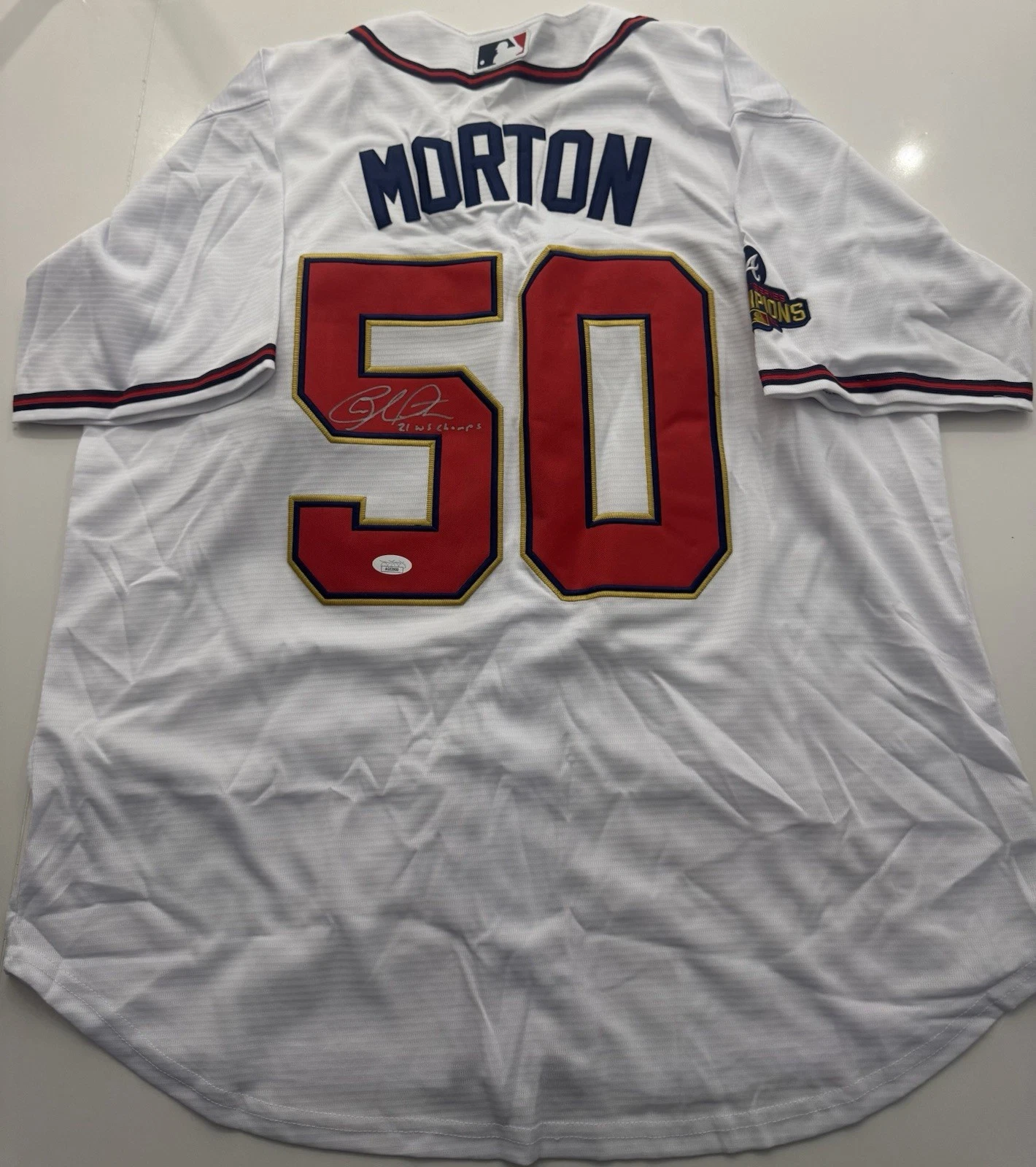 Charlie Morton Atlanta Braves Autographed 2021 World Series Jersey JSA COA