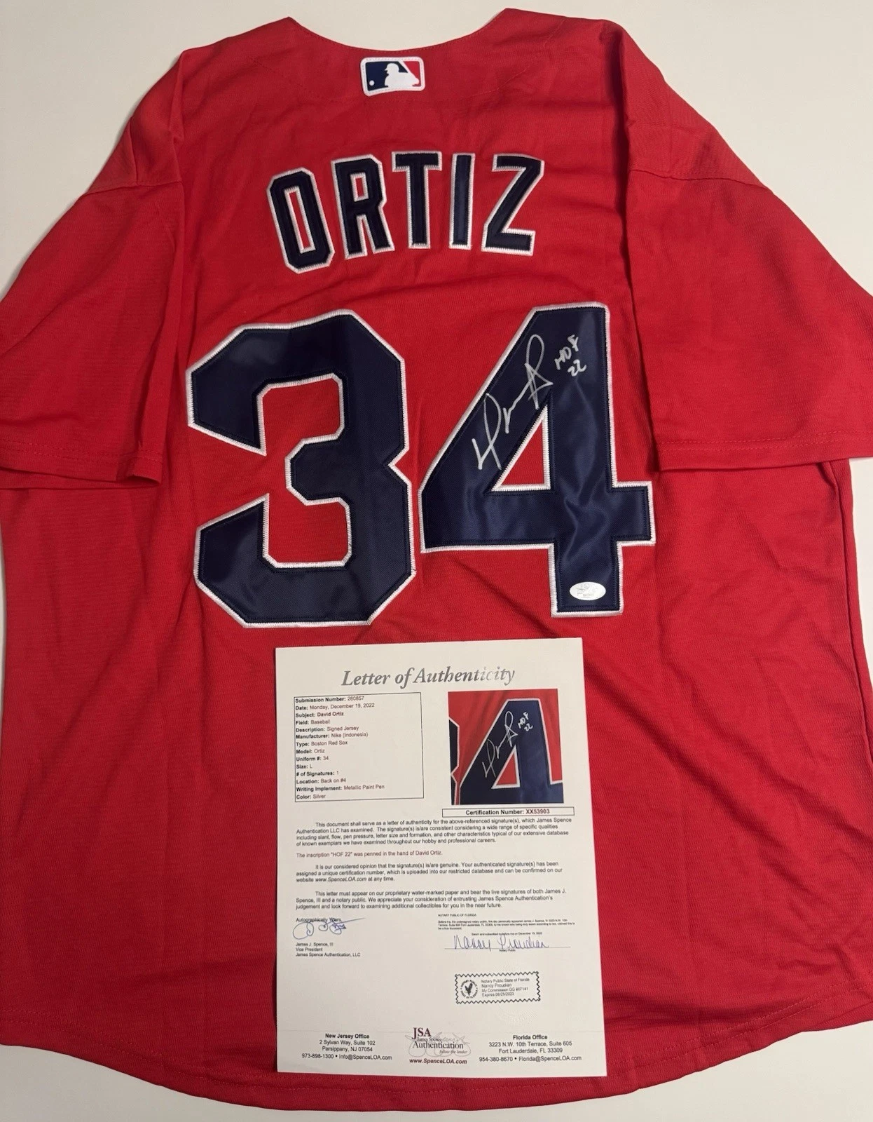 David Ortiz Boston Red Sox Autographed Jersey “HOF 22” JSA LOA COA