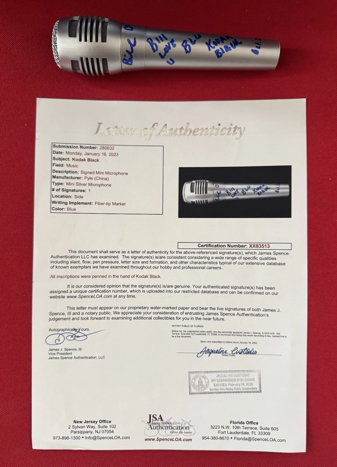 Kodak Black Rapper Autographed Microphone Letter JSA LOA COA