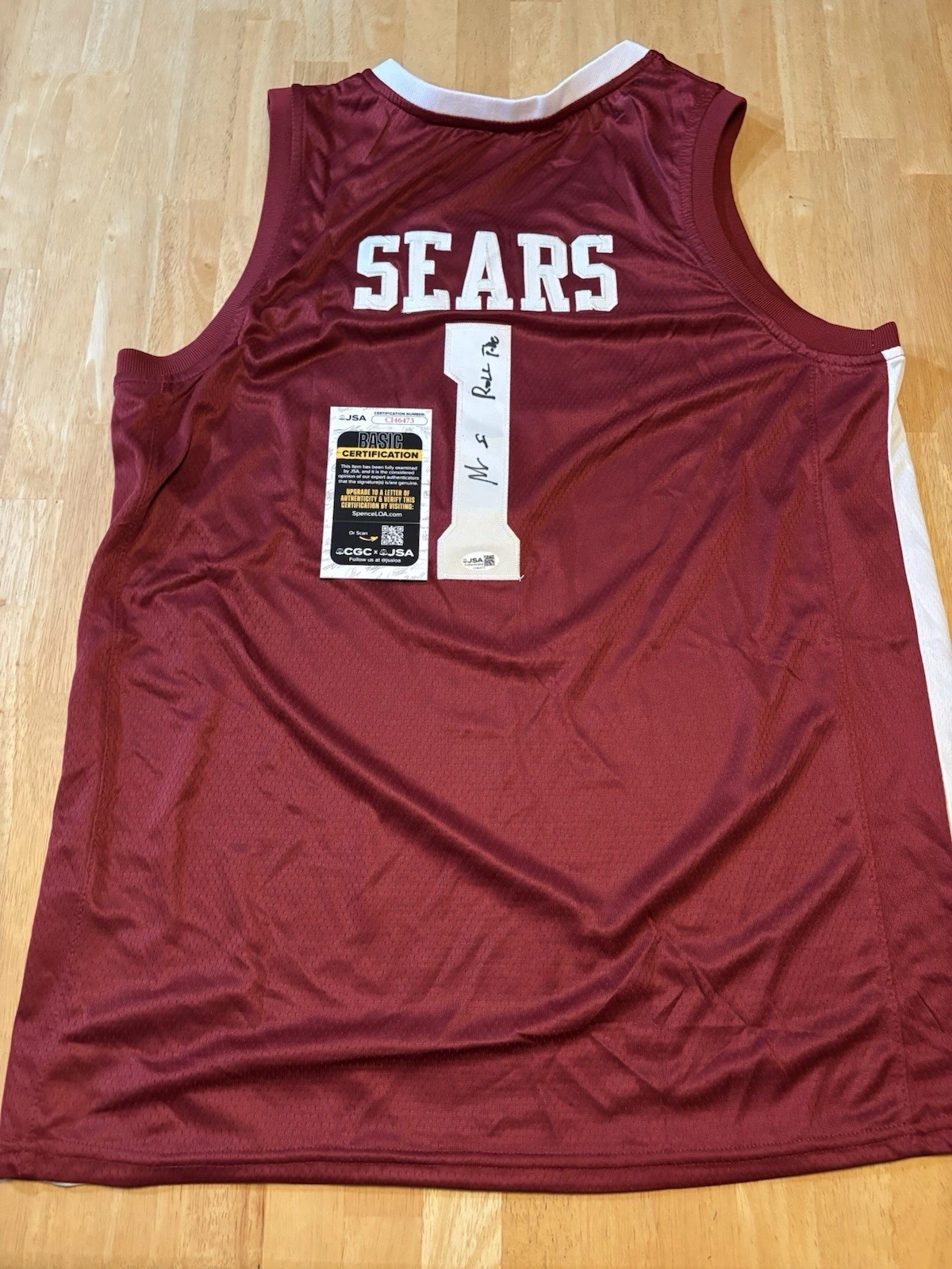 Mark Sears Signed Autographed Alabama Basketball Jersey. JSA Coa. Inscribed.