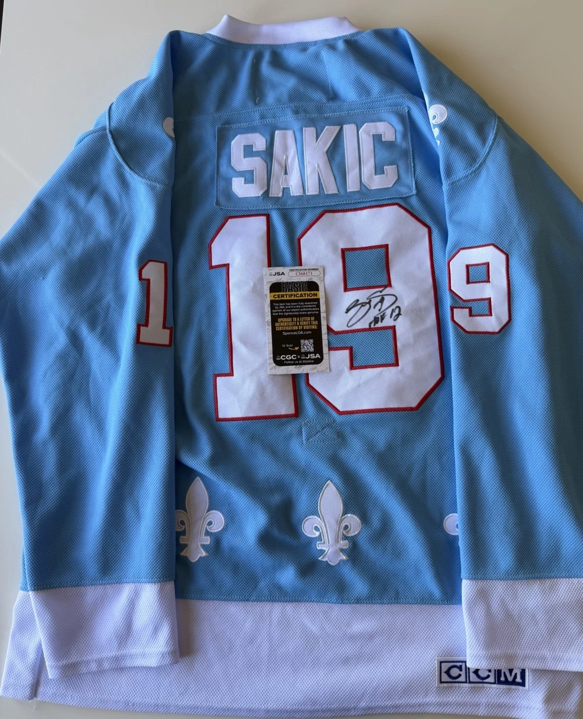 Joe Sakic Quebec Nordiques Autographed Jersey Inscribed “HOF 12” JSA COA