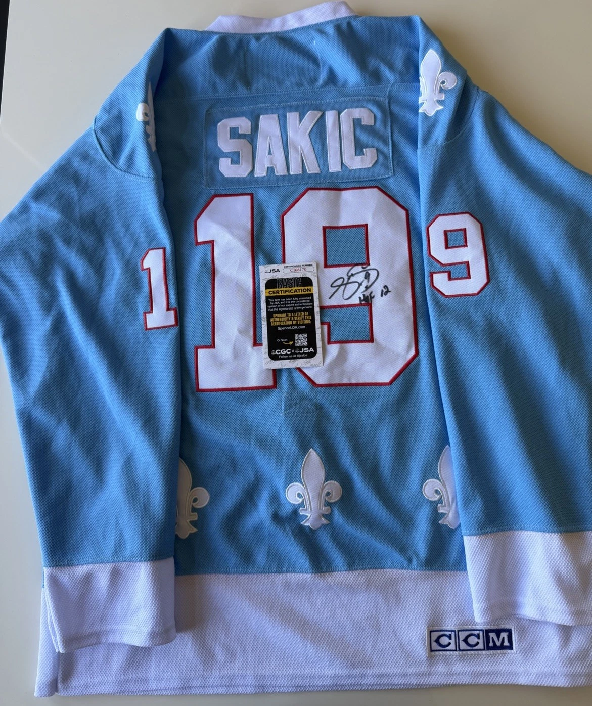 Joe Sakic Quebec Nordiques Autographed Jersey Inscribed “HOF 12” JSA COA