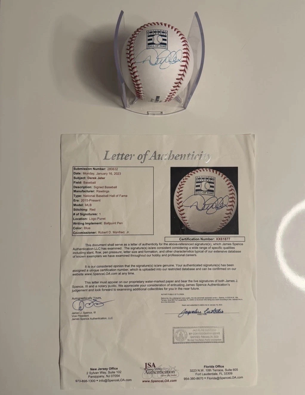 Derek Jeter New York Yankees Autographed Hall of Fame MLB Baseball JSA LOA COA
