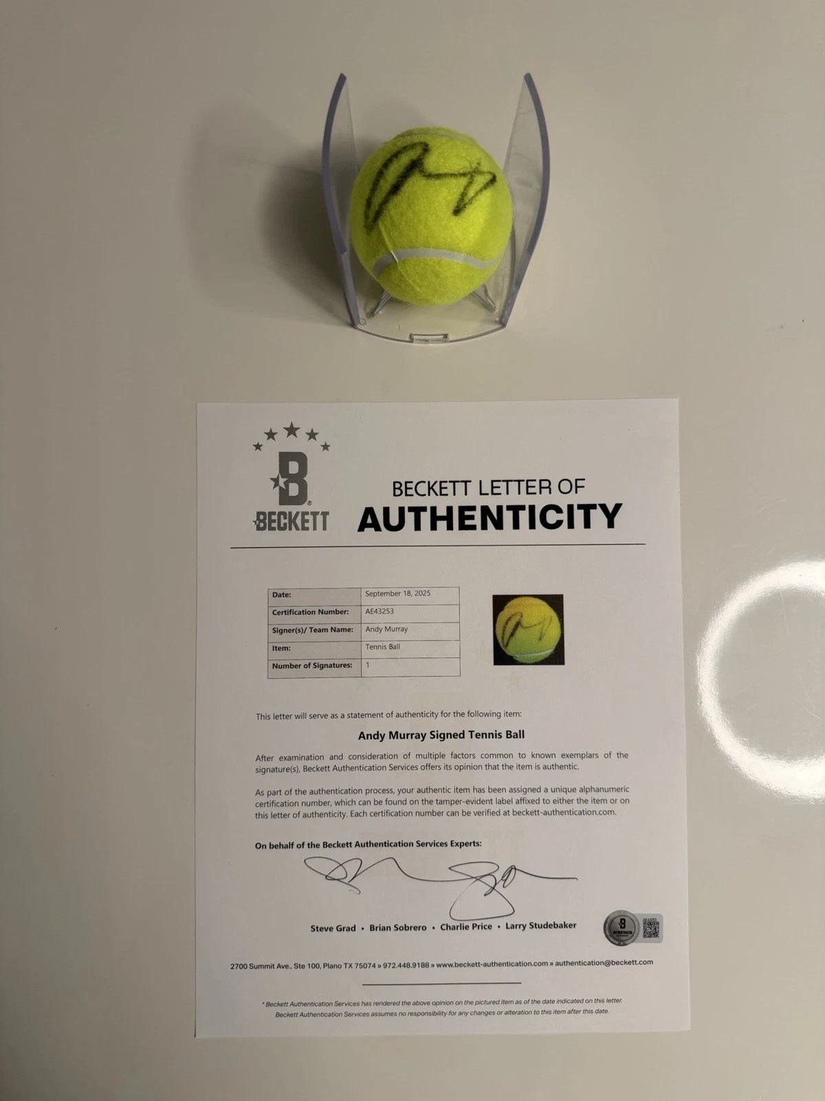 Andy Murray Autographed Dunlop 4 Tennis Ball Star Beckett BAS LOA COA￼