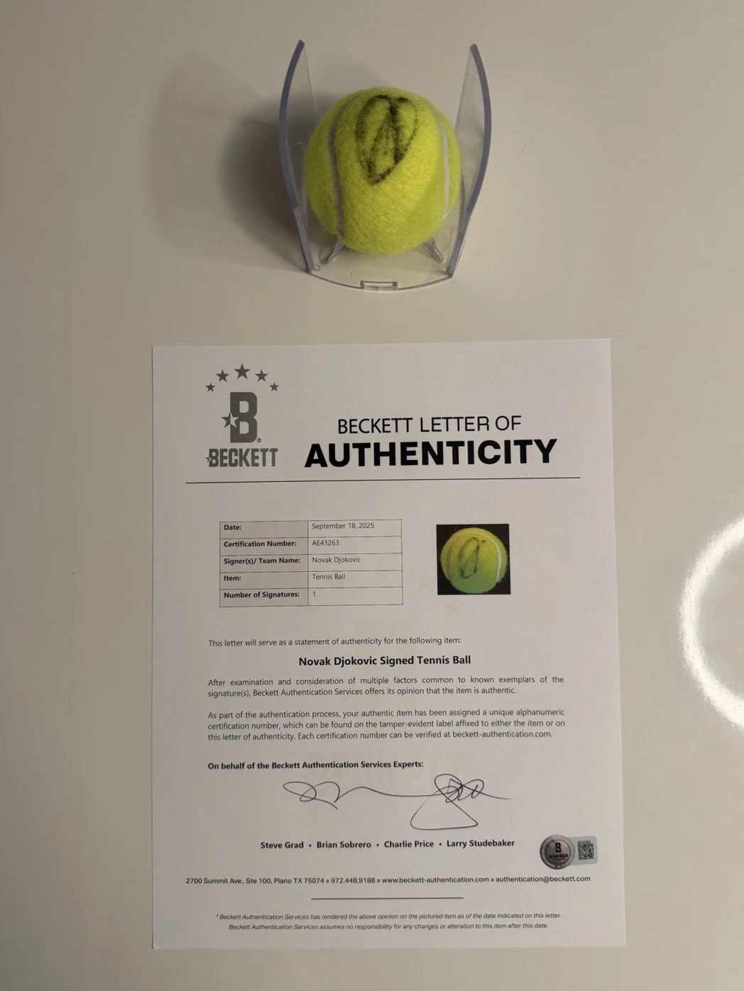 Novak Djokovic Autographed US Open 1 Tennis Ball Star Beckett LOA COA