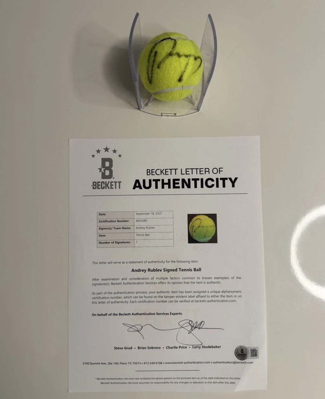 Andrey Rublev Autographed Dunlop 3 Tennis Ball Beckett BAS LOA COA