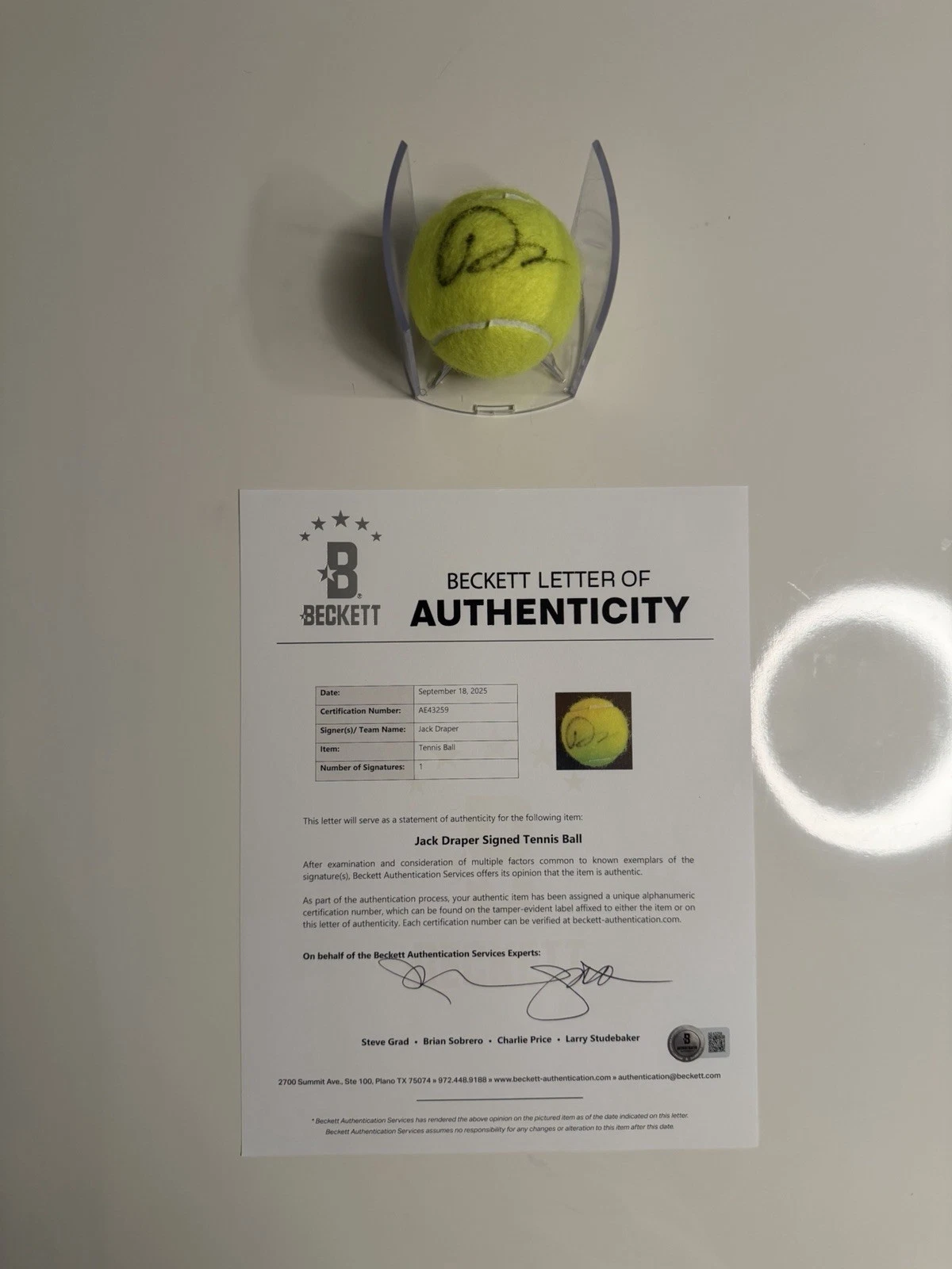 Jack Draper Autographed Wilson US Open 1 Tennis Ball Beckett BAS LOA COA