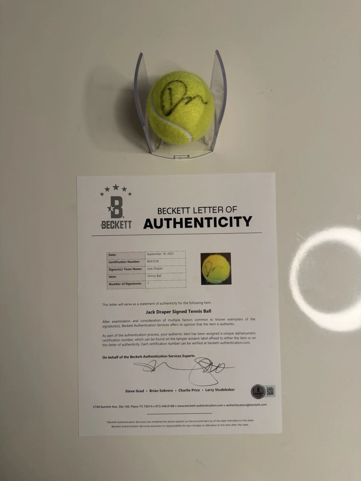 Jack Draper Autographed Wilson US Open 1 Tennis Ball Beckett BAS LOA COA