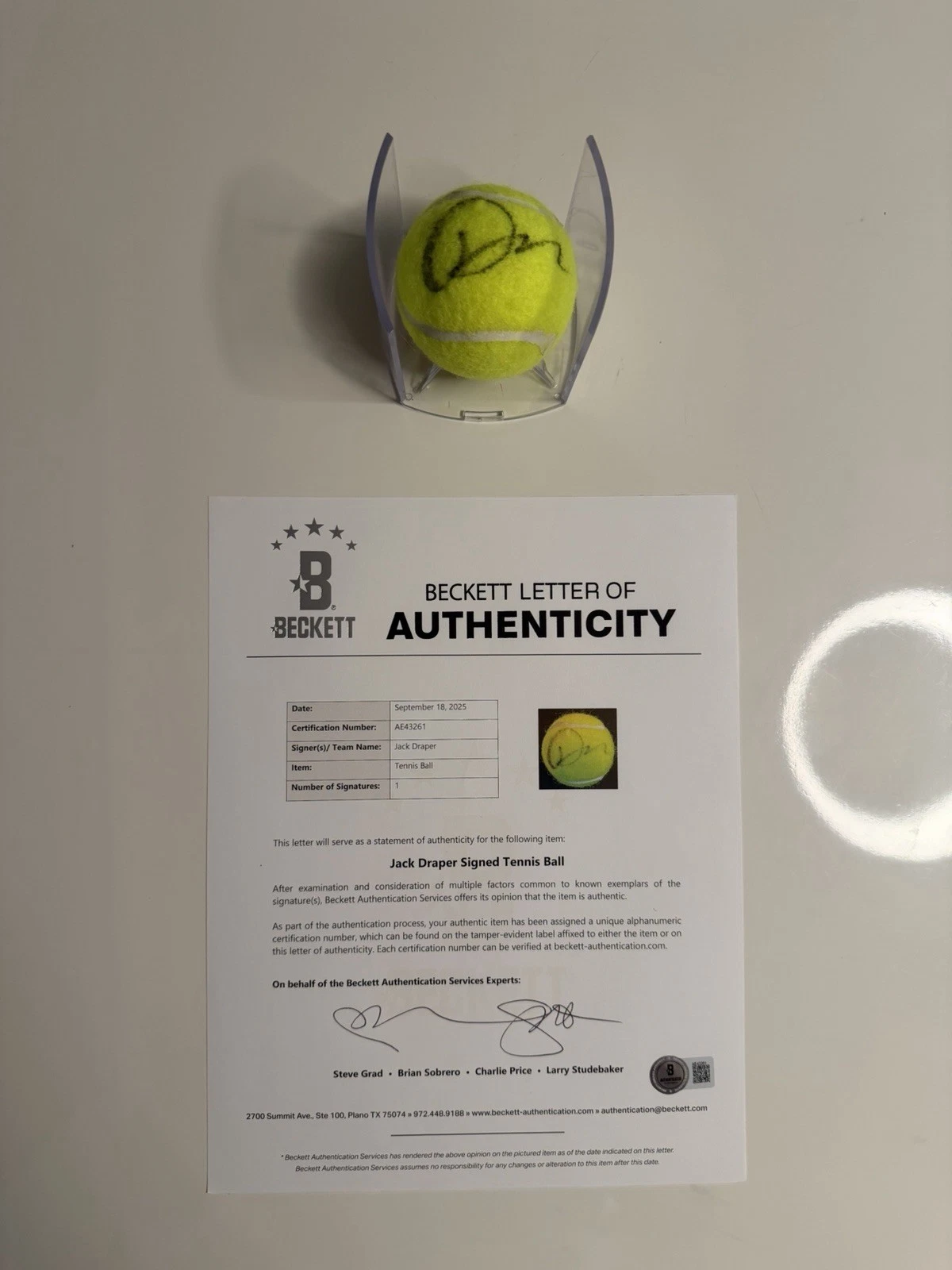 Jack Draper Autographed Penn 4 Tennis Ball Beckett BAS LOA COA