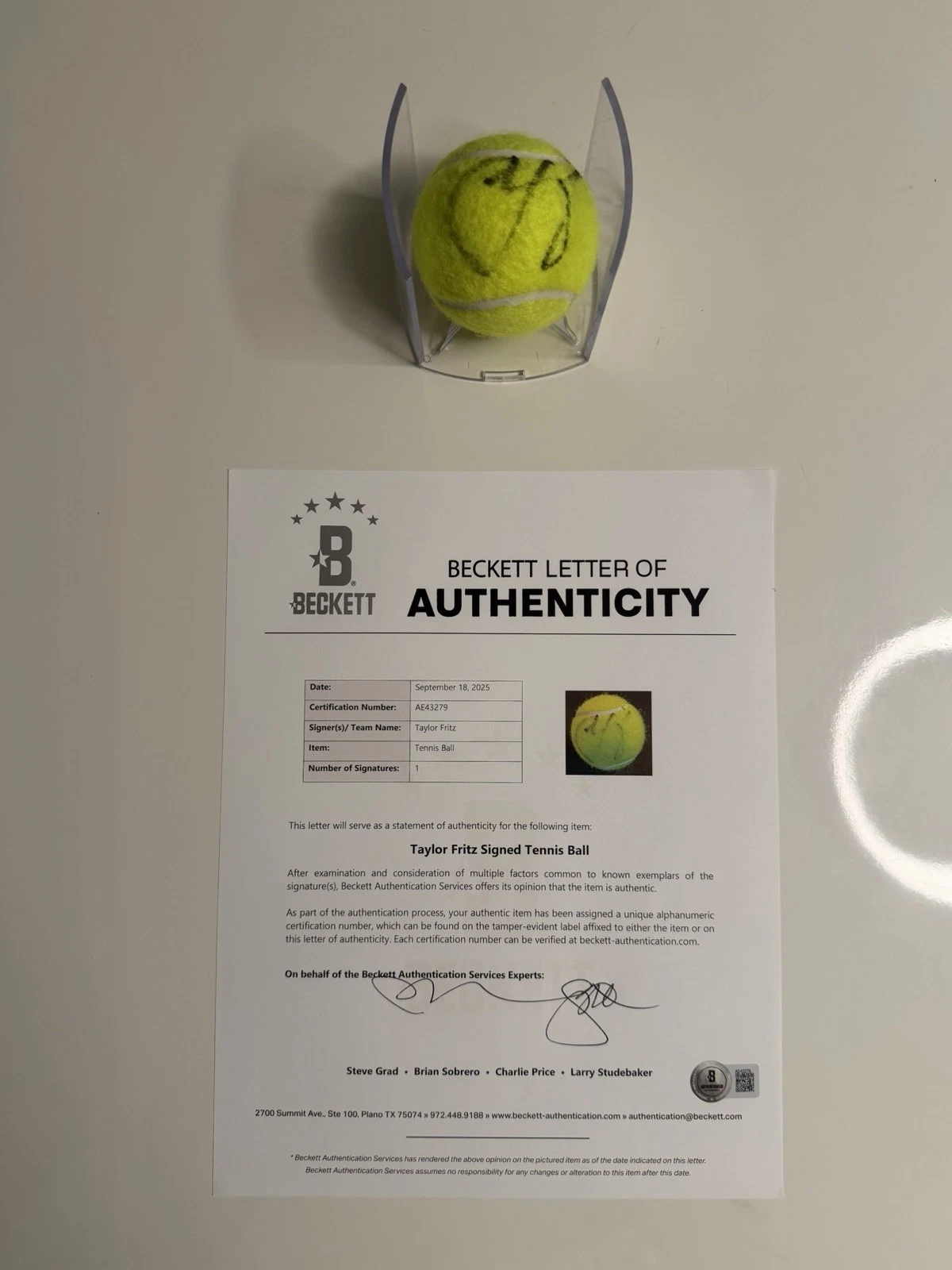 Taylor Fritz Autographed Penn 1 Tennis Ball Superstar Beckett BAS LOA COA