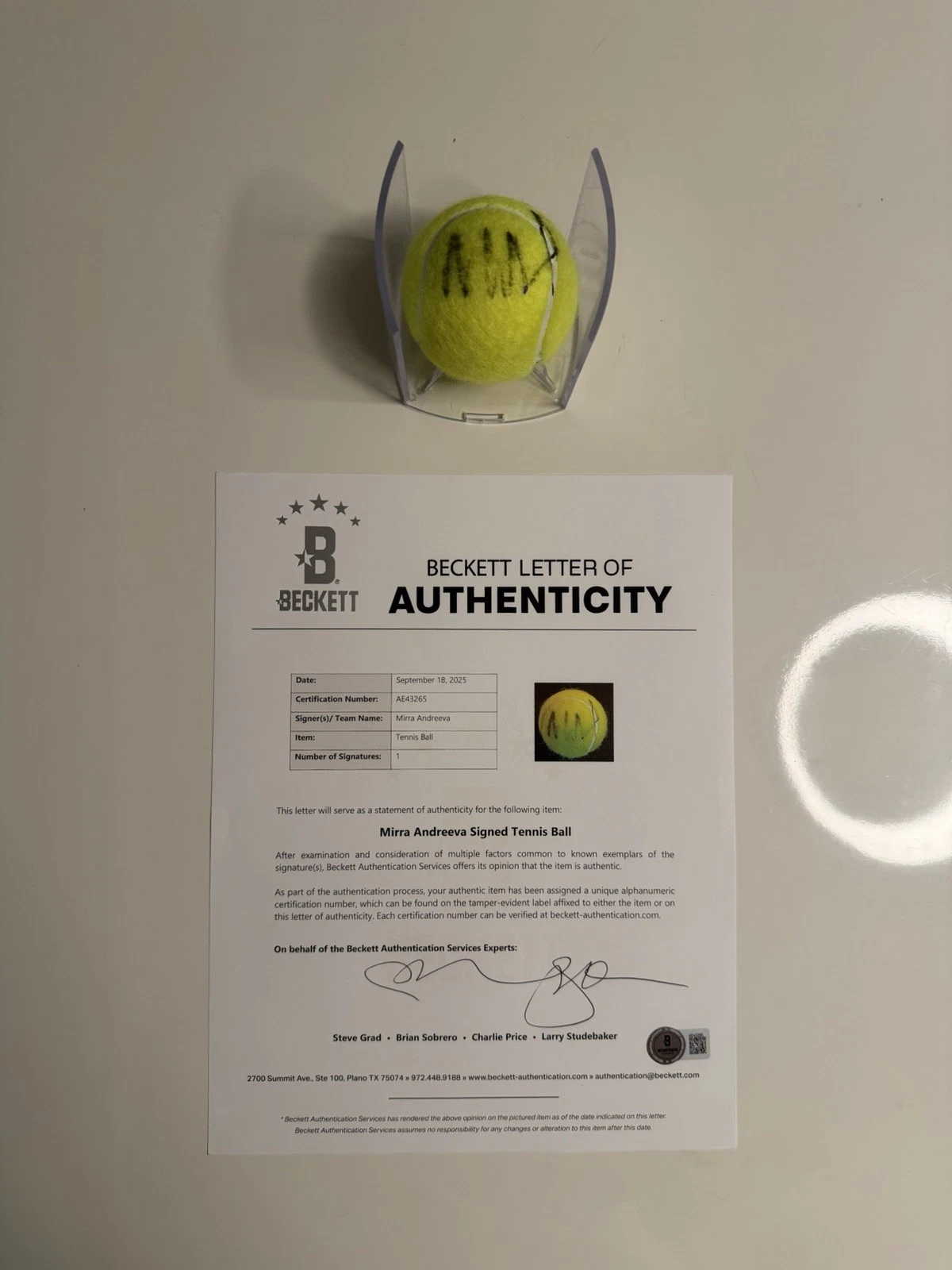 Mirra Andreeva Autographed Wilson US Open 1 Tennis Ball Star Beckett BAS LOA COA