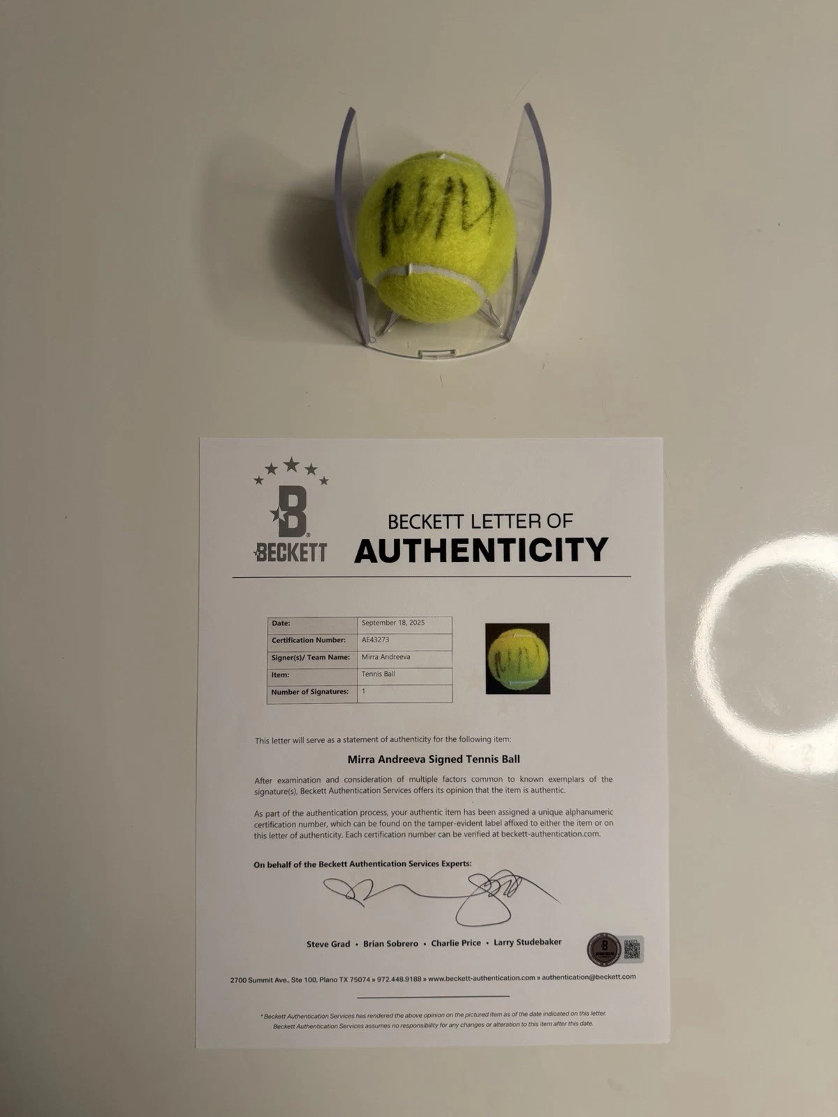 Mirra Andreeva Autographed Wilson US Open 4 Tennis Ball Star Beckett BAS LOA COA