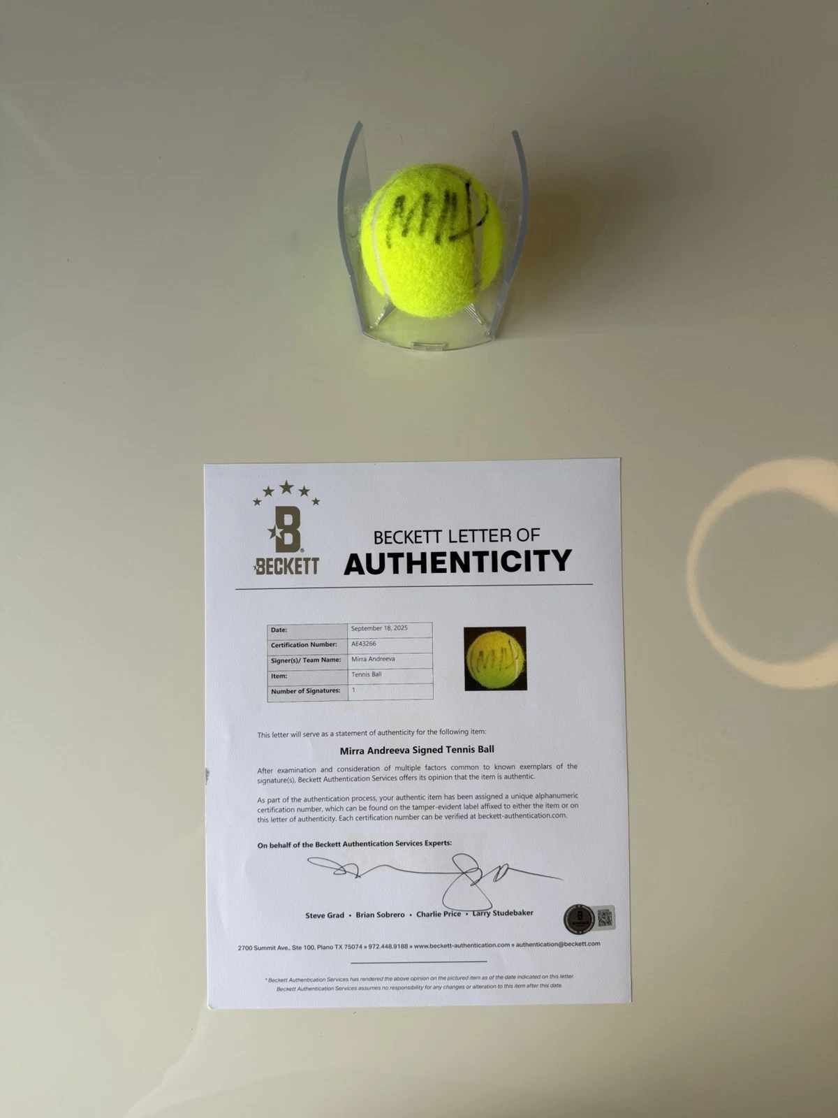 Mirra Andreeva Autographed Wilson US Open 1 Tennis Ball Star Beckett BAS LOA COA