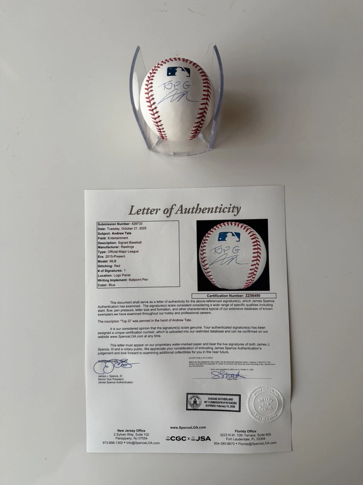 Andrew Tate Autographed Baseball Rare Inscribed “Top G” JSA LOA COA