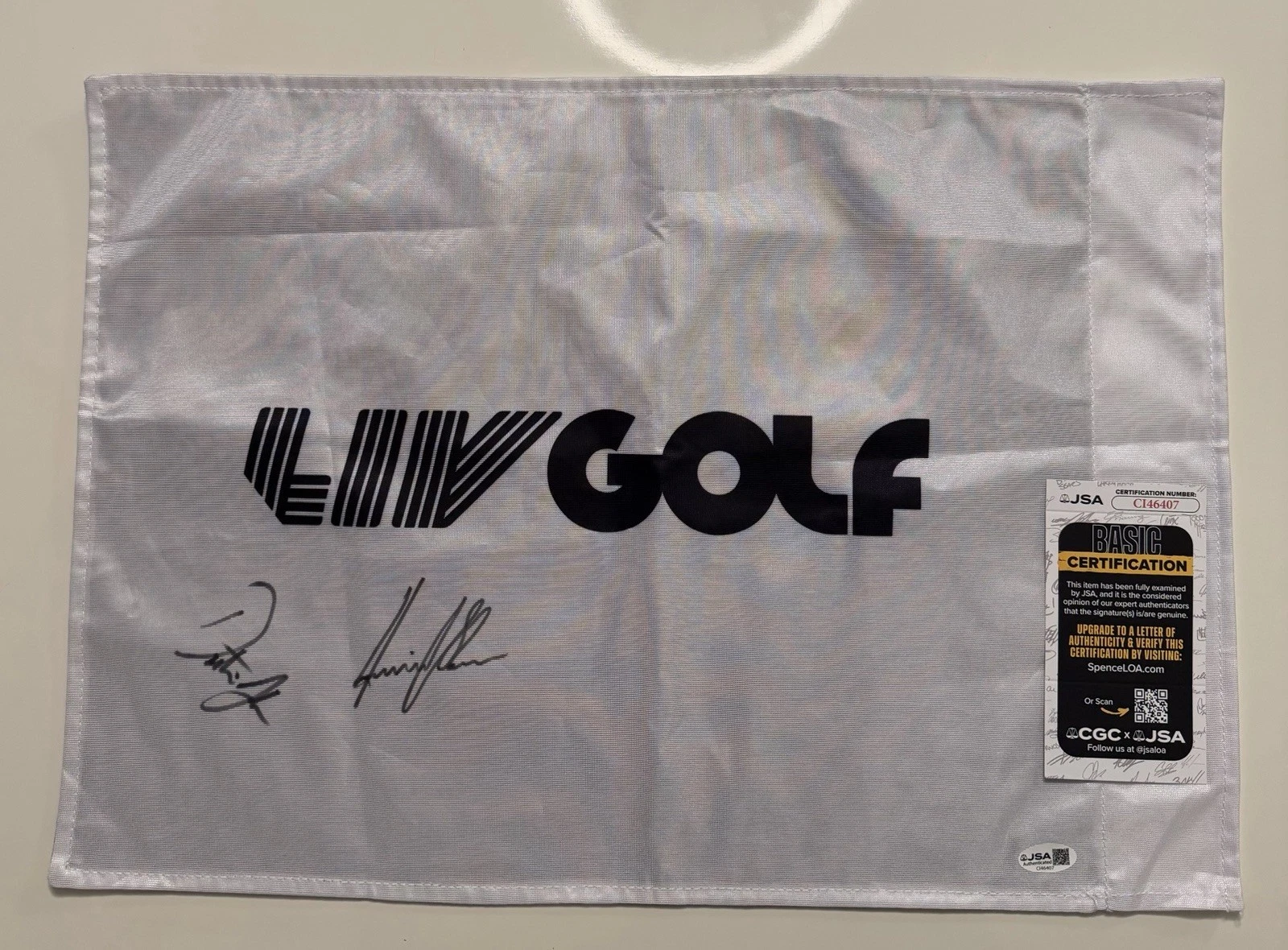 Dustin Johnson Henrik Stenson Autographed White Liv Golf Flag JSA COA